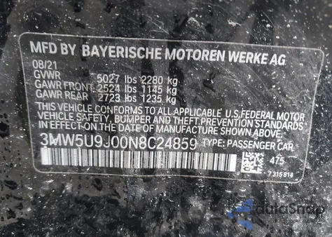 2022 BMW 3 Series M340I xDrive from USA, damaged, VIN 3MW5U9J00N8C24859